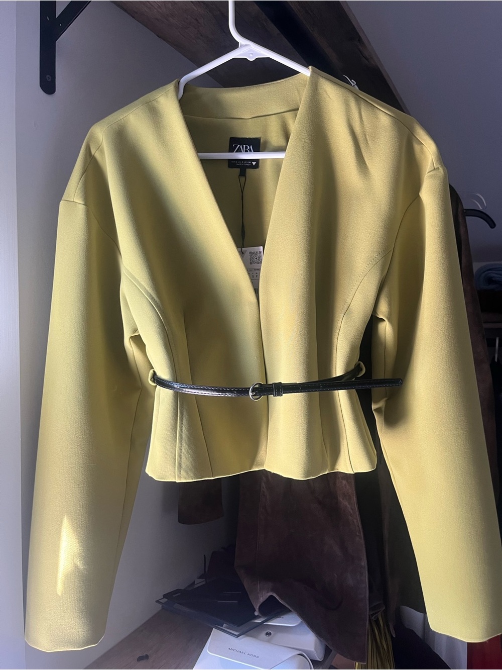 Zara Cropped Belted Blazer in Chartreuse Yellow